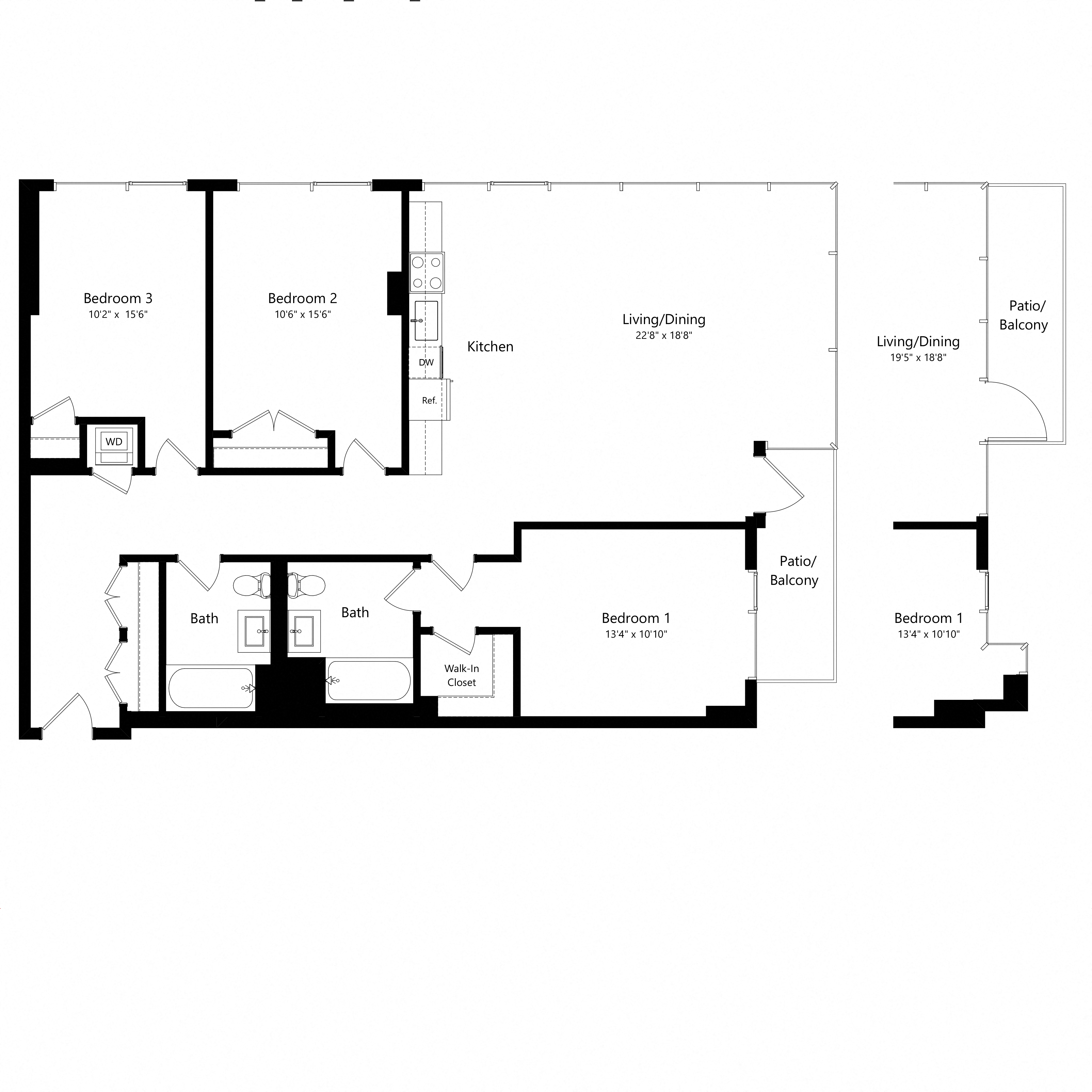 Floor plan for 3 beds, 2 baths, 1344 sqft